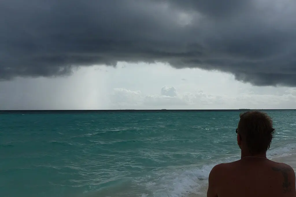 Man looking at clouds and the rough sea from a sand bank in the Maldives ,  Pittigrilli, CC BY-SA 4.0 , via Wikimedia Commons